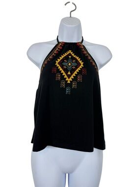 Rock & Roll Denim Embroidered Halter Top Boho Tribal Black Size S